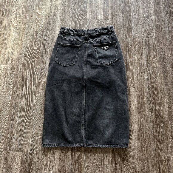 Prada Black Long Denim Midi Skirt Button Fly Size 4 US EUC - Picture 4 of 16